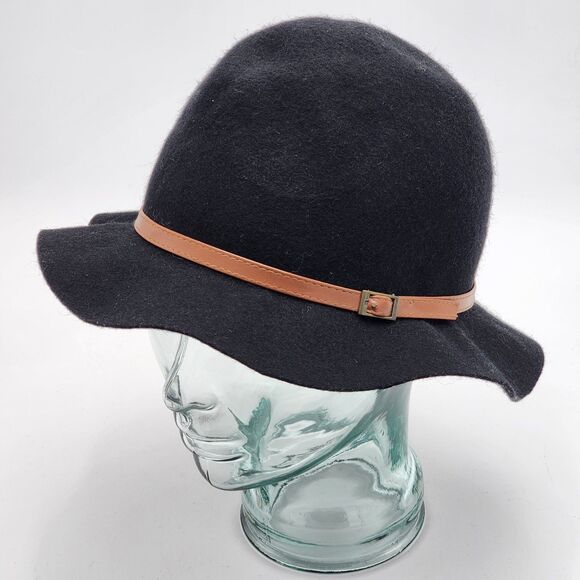 Vintage Wool Black Tan Belt Buckle Cloche Brim Hat - Picture 2 of 8